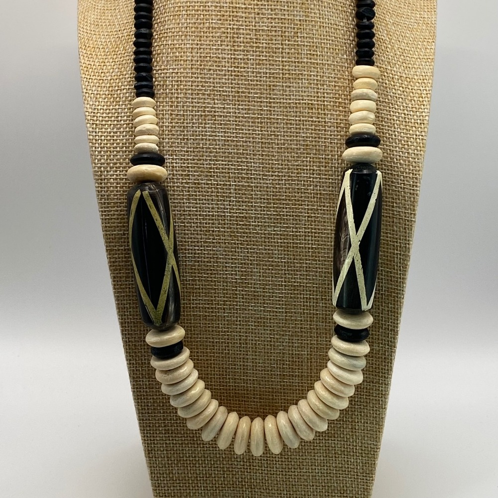 Vintage Necklace Bone Wood Artisan Boho Black Cream 23"
